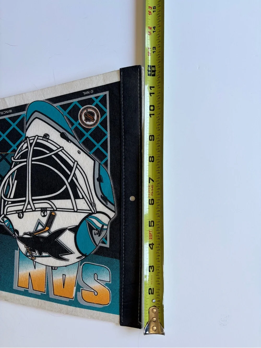 Vintage 1990s NHL San Jose Sharks Pennant Logo and Puck Teal, Black & Gold Ombré